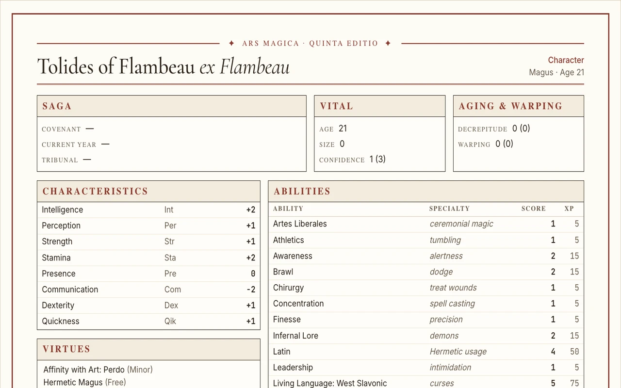 Printable character sheet for Tolides of Flambeau with characteristics, abilities, virtues, and flaws
