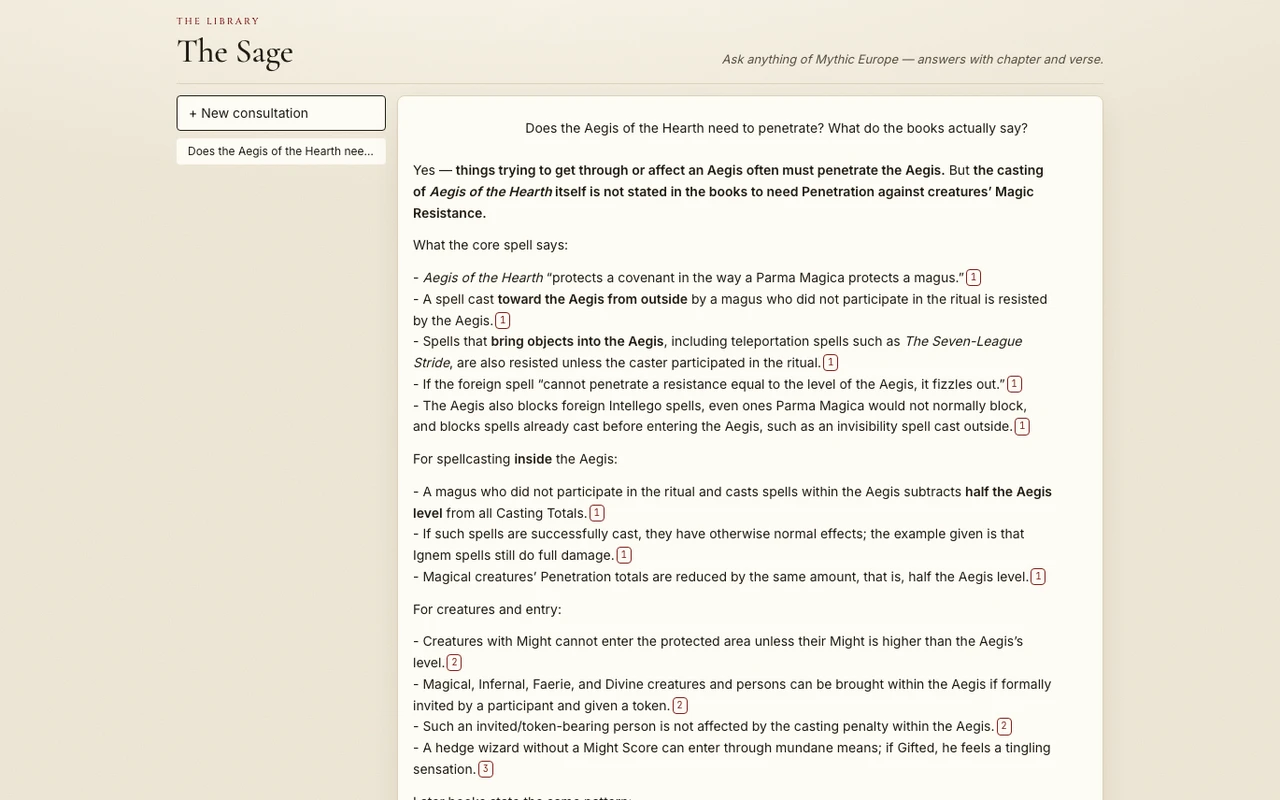 The Sage answering a rules question about Aegis of the Hearth with numbered book citations