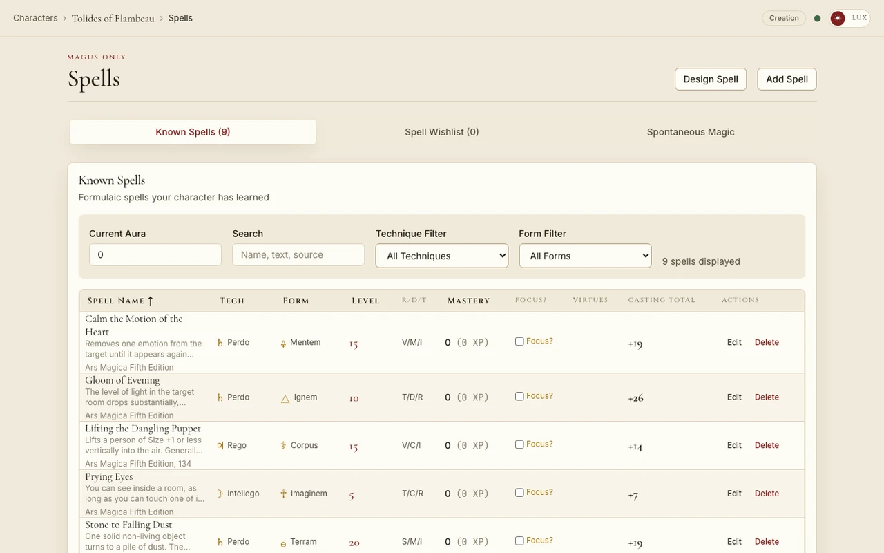 Spells screen listing known spells with levels, mastery, and casting totals