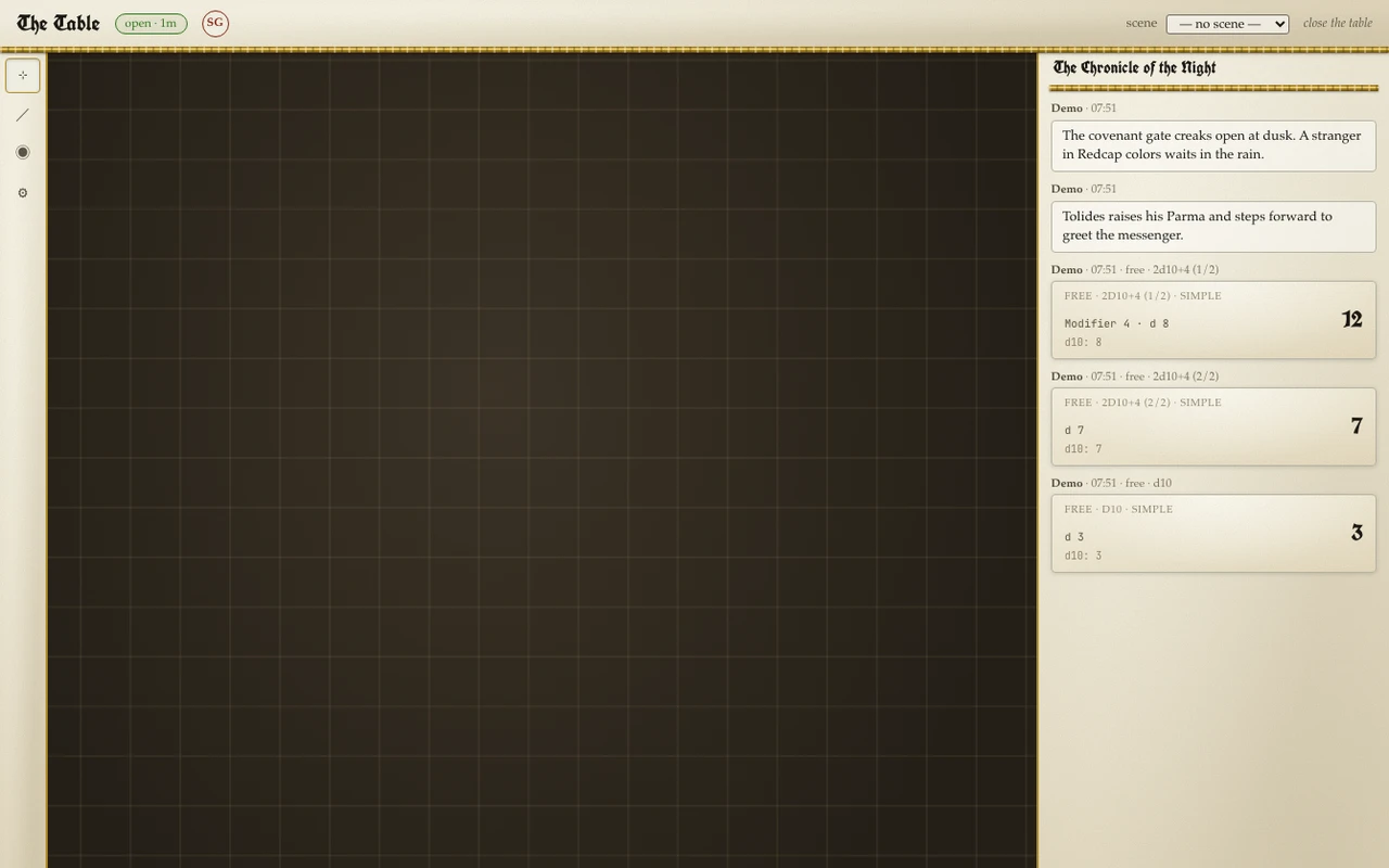 The Table session view with a battle grid and a chronicle of dice rolls